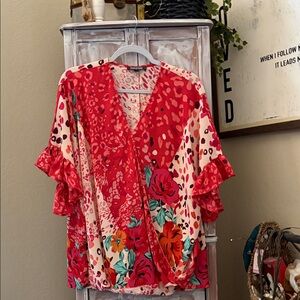 Floral Red Pink Wrap-Style Women’s Blouse